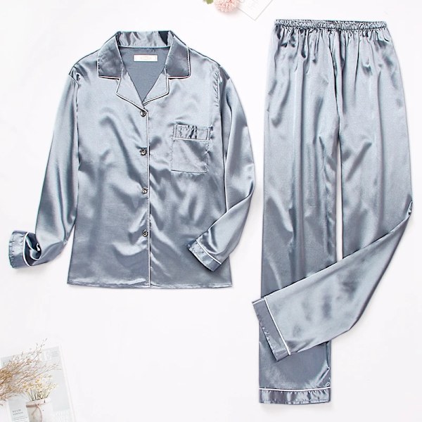 Naisten satiinipyjama Mukava loungewear-setti Syksy Pitkähihainen Napit Kaulus Toppi & Housut Loungewear 2-osainen Yöpuku Napit Alas Blue Gray M