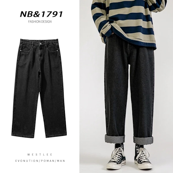 Koreansk Fashion Mænd Baggy Jeans Klassisk All-Match Solid Farve Straight-Leg Denim Bredben Bukser Mand Lys Blå Grå Sort black Asia XXL (72.5-80kg)