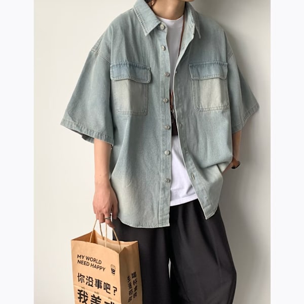 Kesän japanilainen pesty distressed lyhythihainen denimpaita pojille ja tytöille retro trendikäs Ruan Handsig Work -vaatteet Shira T-takki Trend Light Blue XXL