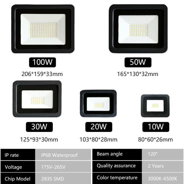 LED Flood Light 10W 20W 30W 50W 100W AC220V Utomhus IP68 Vattentät Reflektor Spotlight Gatuljus Vägglampor Trädgårdsbelysning Cold Light 6000K 30W