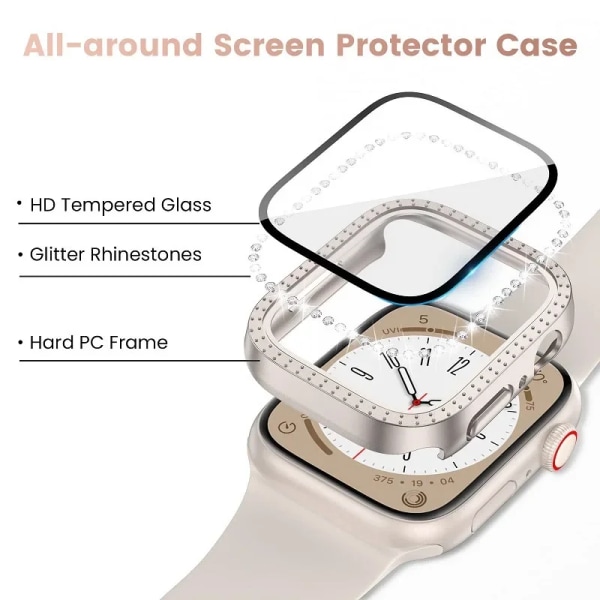 Diamantglas+ cover för Apple Watch Case 45 mm 41 mm 40 mm 44 mm 42 mm 38 mm Bling Bumper+ Skärmskydd iwatch Series 9 8 7 3 6 SE Black Series 654 SE 40MM