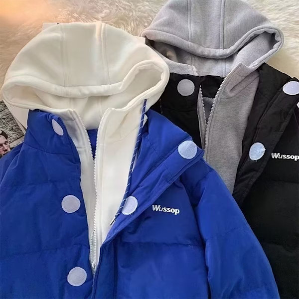 Klein Blå Fake To-Hoved Jakke Mænd Vinter Fleece Fortykket Brød Dragt Løs Og Alsidig Par Ned Jakke Grey XXXL