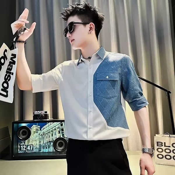 Kesä Les Handsome T Pieni Koko Slim-Fitterande Patchwork Lyhythihainen Paidan Trendikäs Miehet Lyhyt Opiskelija Cool Ja Villi Paidan Rock White XL