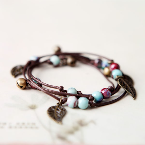 Qingge Jingdezhen Konstnärliga Mori Style Etnisk Style Bell Leaf Retro Vävda Multi-Layer Keramic Armband Kvinna Drunk Imperial Concubine