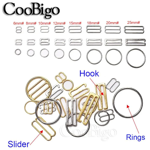 50 st Metalliska BH-Remmar Justerbara Spännen Underkläder Glidare Ringar Klämmor för Lingeri Justering DIY Tillbehör Storlek 6mm~25mm Gold Hook 20mm