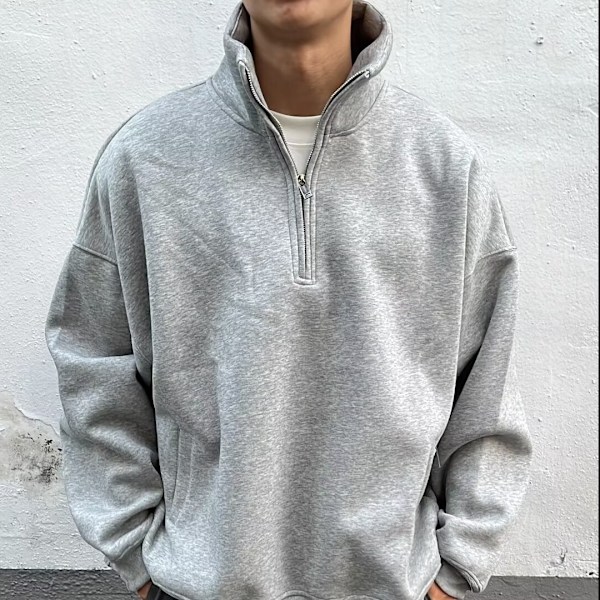 Tidlig Forår Tung Amerikansk Halv Lynlås Trøje Herre Casual Ensfarvet Løs Ståkrave Kappe Oversize Drenge Tøj Grey XXL