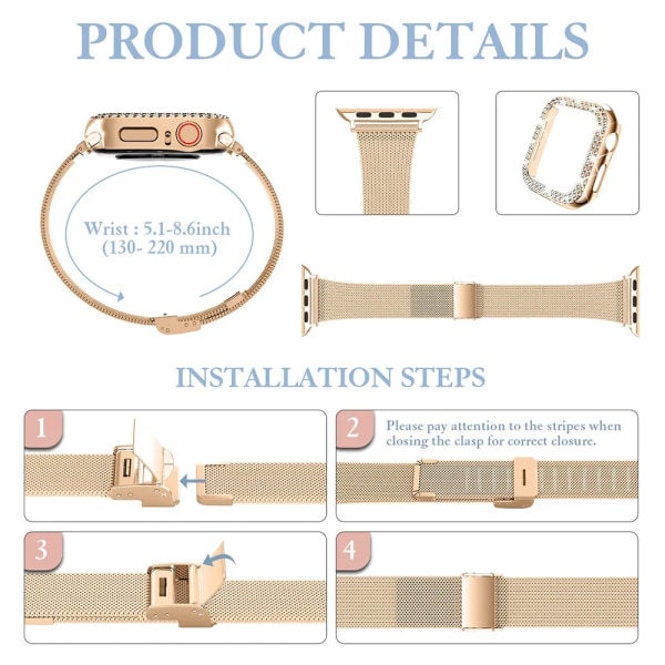 Case+ metallrem för iWatch Band Ultra 2 Armband i rostfritt stål för Apple Watch 9 8 7 45 mm 44 mm 40 mm 41 mm Series 6 5 4 rose gold Series 9 8 7 45MM