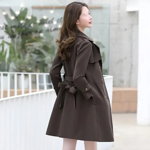 Kvinnors Medellängd Dubbelknäppta Trench Coat Snygg Slimming Mångsidig För Våren Höst Petite Damer Brown L