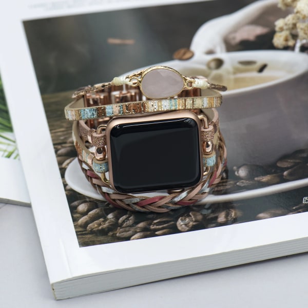 Kompatibel med Apple Watch Band Armband för kvinnor män 38mm/40mm/41mm 42mm/44mm/45mm/49mm, Fashion handgjord läder iwatch band Rose Gold 42mm 44mm 45mm 49mm