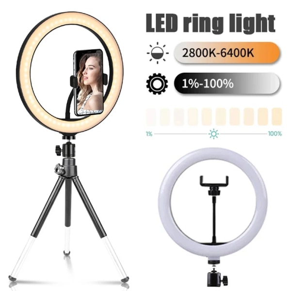 10 tums LED Selfie Ring Light Dimbar fotografifyllningslampa med ministativ för telefon Tiktok Live Video Photo Studio Ringlight A-16cm Black
