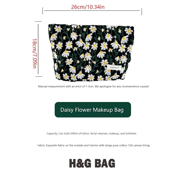 Broderad Daisy Blomma Blommig Kosmetikväska Bärbar Reseväska Handbagage Sminkväska Hudvårdsväska Toalettväska Presentask Kvinnor White Small