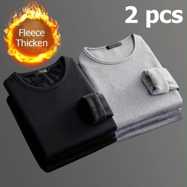 2 STK Herrunderkläder Vinter långärmade thermal Plus sammet T-shirt O-hals Enfärgad Slim Bottoming Shirt 2Black XL 60-65kg