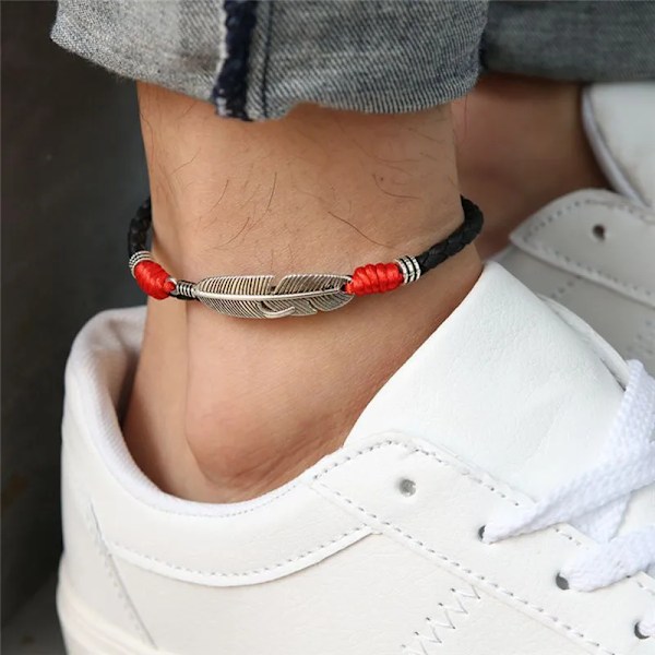 Boho Handgjord Man Fjäder Läder Rep Anklets Barfot Sandal Strand Smycken BK