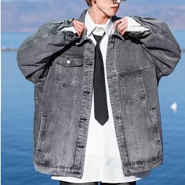 Sort Amerikansk Denim Jakke Mænds Efterår Vinter Retro Lapel Overalls Mænds Casual Top Forår Og Efterår Ny Grey XXL