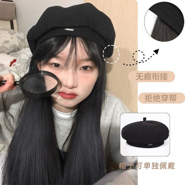 Beauty Hat Paryk Kvinders Langt Hår Integreret Internet Kendis Langt Lige Hår Beret Naturlig Simulering Hår Full-Head Paryk Skidan Dark Brown Corn Curler