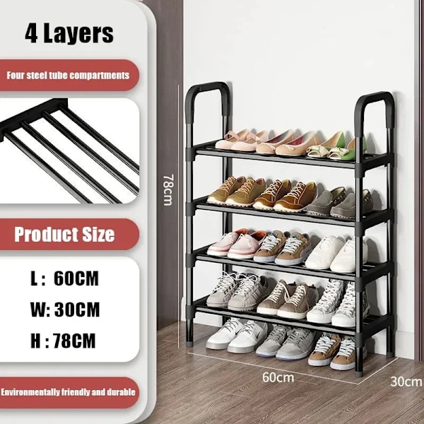 8-vånings metallskoställ, förhöjt skohyllan för vardagsrum, platsbesparande hushållsinredning, multifunktionell svart förvaringshylla 4 Layers