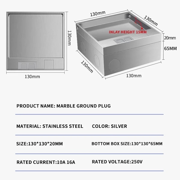 Fladt gulv skjult stikkontakt, 130 mm x 130 mm, UK USA EU BR FR standard strøm, USB HDMI RJ45, børstet rustfrit stål til hjem og kontor 250V UN HDMI