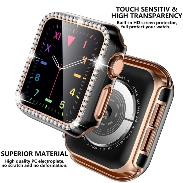 Bling Glass+ cover för Apple Watch Case 45mm 41mm 40mm 44mm 42mm 38mm Diamant stötfångare+skärmskydd iwatch series 7 9 8 5 6 SE B black silver 38mm Series 321