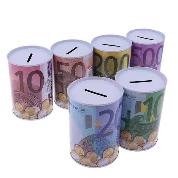 1Pc Kreativa Tinplate Cylinder Piggy Bank Euro Dollar Bildlåda Hushåll Spara Pengar Box Hem Dekoration Pengar Lådor Penga A3 11x7.5 cm