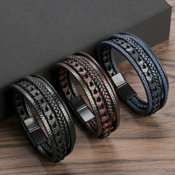 Ny design Flerlagers handvävda armband och armband i äkta läder Herrlegering Mode Armband Presenter L-obsidian black 19cm long