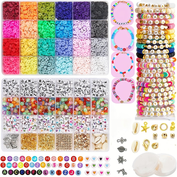 7000 st lerpärlor för armbandstillverkning Spacer Heishi-pärlor platta runda polymerlerpärlor för smycketillverkningssats med smiley frukt blompärlor hänge 7100pcs- Clay Beads Kit
