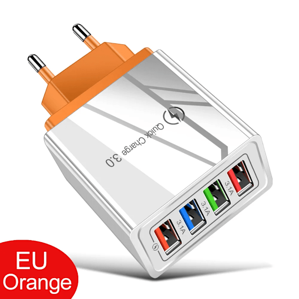 4 porte USB-oplader hurtigopladning 3.0 vægoplader hurtig opladning til 15 14 Samsung Xiaomi telefonoplader adapter. EU Orange