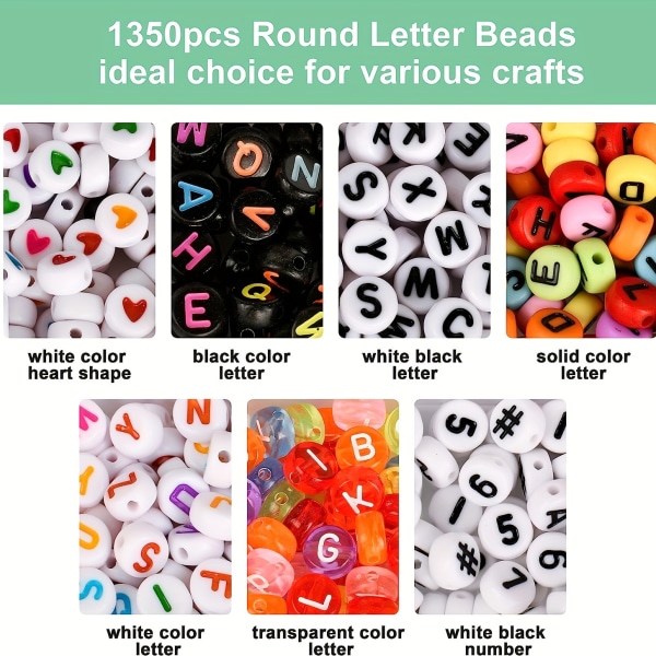 1350 st pärlor Halsband Armbandstillverkningssats, 7 stilar färgglada runda bokstavspärlor Nummerpärlor Hjärtformade pärlor med 1 rulle elastisk snöre DIY 1350pcs