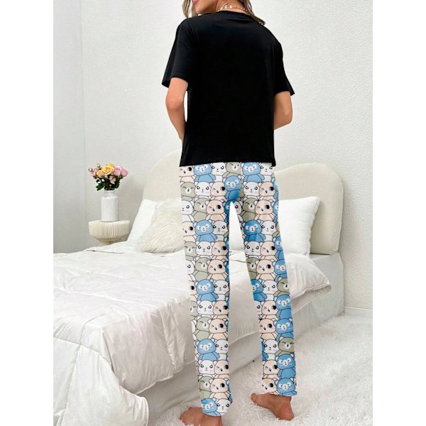 Piirretty Karhu Slogan Tulosta Naiset Pyjamasetti Pyöreä Kaula Lyhyt Hiha Top Joustavat Housut Naiset Sleepwear Loungewear Asetettu S