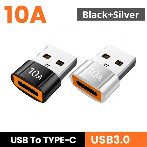 Adaptateur de données USB 3.0 Type C, convertisseur mâle vers femelle, connector OTG rapide, Macbook, Xiaomi, Samsung S20, 10A, OTG Black and Silver