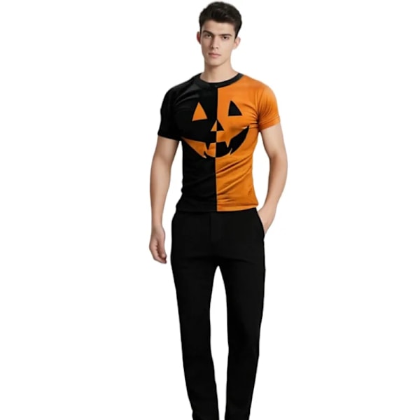 Sjov græskar ansigt print mænds T-shirt sommer orange Halloween T-shirts ferie O-hals løs kort ærme T-shirt mænd tøj MTI397002-BLA 2XL