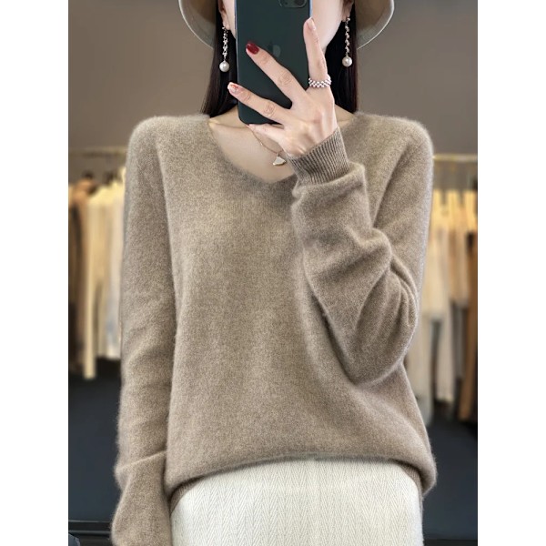 100% Merinoull Damtröja V-hals Långärmad Pullover Höst Vinter Bas Tröja Cashmere Stickad Damkläder Beige L