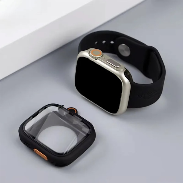 Case För Apple Watch Cover 44Mm 45Mm 40 41Mm Utseende Ändra Till Ultra Härdat Glas Skärmskydd Skärmskydd Täcke Iwatch 9 8 7 6 S Black 44MM Series 4 5 6 SE