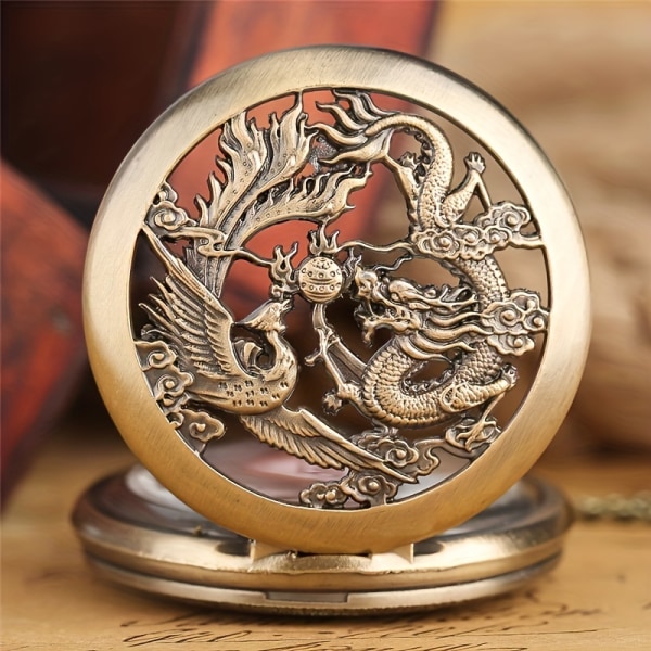 1 st Retro Double Dragons med kedja halsband hängande kvarts watch Bronze