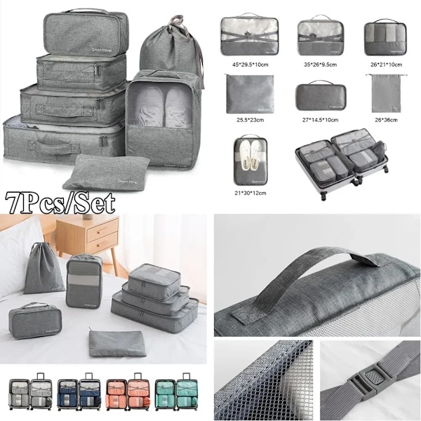 8/7/6 Dele Sæt Rejse Organizer Opbevaringsposer Kuffert Pakning Kuber Sæt Etuier Bærbar Foldbar Bagage Tøj Sko Tidy Pose 6Pcs Grey