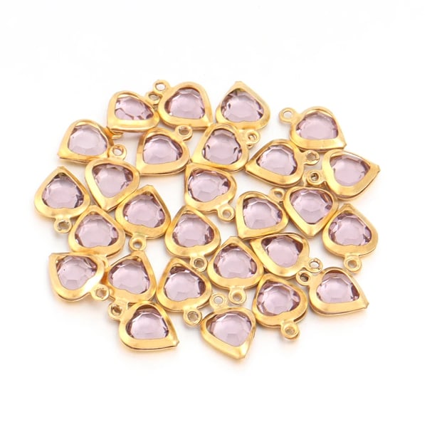 10 stk./parti Farve Hjerte Krystal Charms Rustfrit Stål Kantet Vedhæng Til Diy Halskæde Ørering Armbånd Smykkefremstilling Tilbehør gold purple