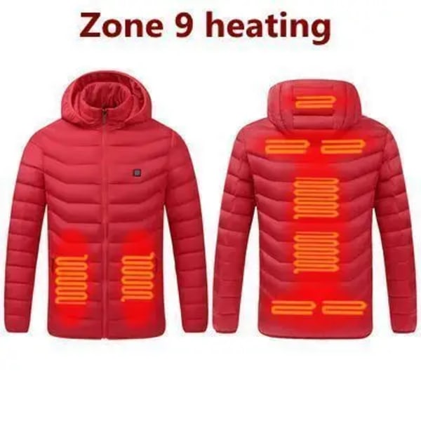 Tvättbar USB laddnings- och värmejacka, jacka med huva i bomull, elvärme, thermal , utomhus, camping, vandringszon 9Areas heated Red Asian size 4XL