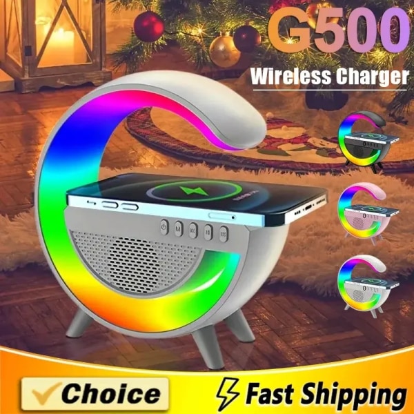 Multifunktion Trådlös Laddningsplatta Stativ Högtalare TF RGB Nattlampa Snabbladdningsstation för iPhone Samsung Xiaomi Tillbehör White