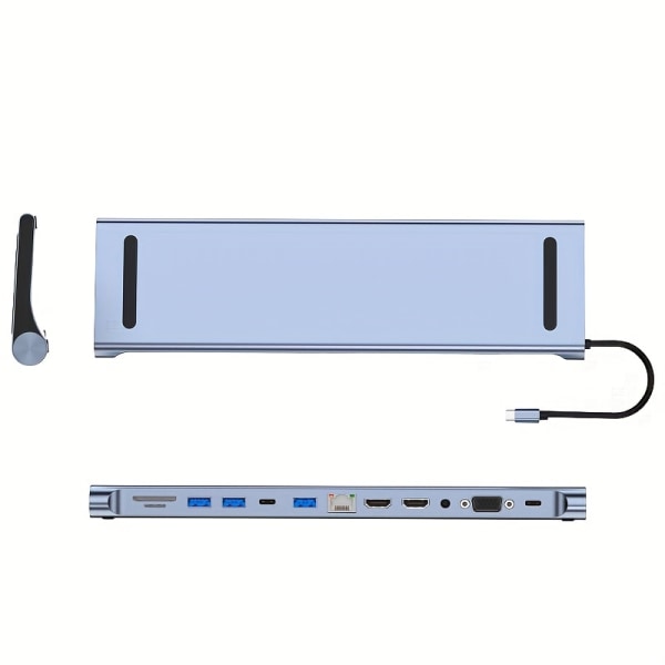 12-i-1 trippelskärm USB C-hubb med expansionsport USB3.0*1/USB2.0*3/HDMI*2/VGA*1/ 100 Mbit/s NIC *1/USB-C PD-laddning *1/TF *1 SD *1/ MacBook & Silver Gray