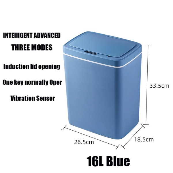 Badrumssoptunna, 14/16L automatiska papperskorgar Beröringsfri sensorlock Smart elektriska soptunnor för kök, badrum, sovrum 16L Blue Charging Style