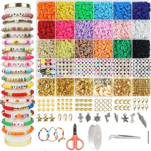 5100/7000/8600/9500 st Lerpärlor för armbandstillverkning, Preppy Spacer Platta pärlor Polymer med berlocker och elastiska strängar Presenter Clay Beads-7000pcs
