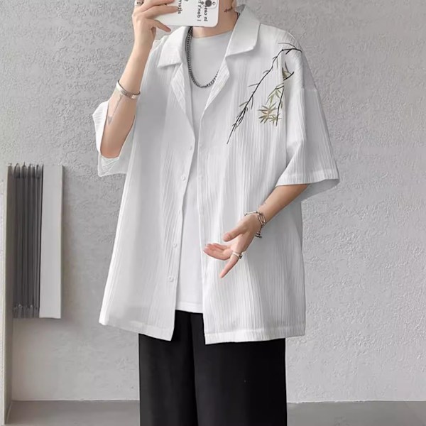Broderet kortærmet skjorte mænds kinesiske stil forår og sommer 2024 nyt modemærke trend halværmet hvid skjorte mænd White XL