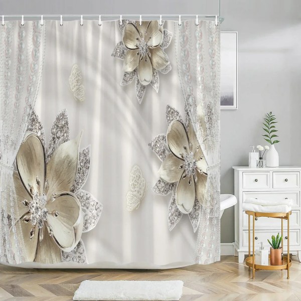 Elegant och fashionabel fantasipärlor och diamanter Bukett 3D-stil duschdraperi med badmatta Set Hem badrumsinredning 3619SD -curtain W180xH230cm