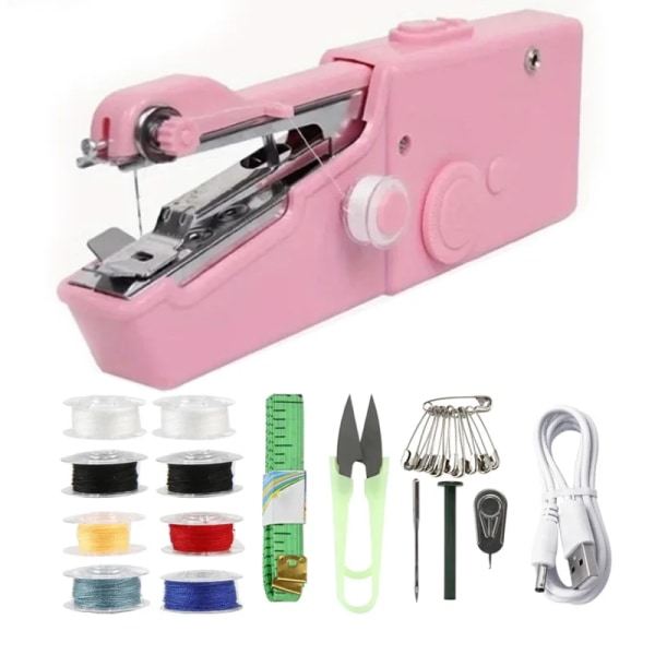 Mini Machine à Coudre Électrique Portable med Bobine, Accessoarer de Couture för Travaux Manuels, Maison et Voyage pink set