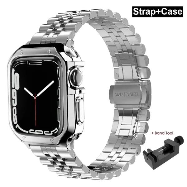 Case för Apple Watch i rostfritt stål för Apple Watch 38 mm 42 mm 40 mm 44 mm 41 mm 45 mm metallband för iWatch Series9 8 7 6 SE 5 4 3 2 1 Correa Silver Set 49mm-For ultra 2 1