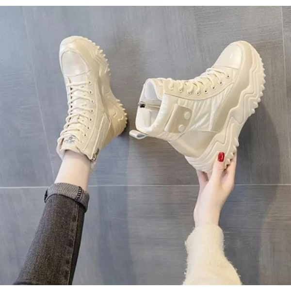 7 cm forhøjelse ægte læder platform kile skjulte høje hæle kvinder ankel støvler casual chunky sneakers forår efterår n sko black 39