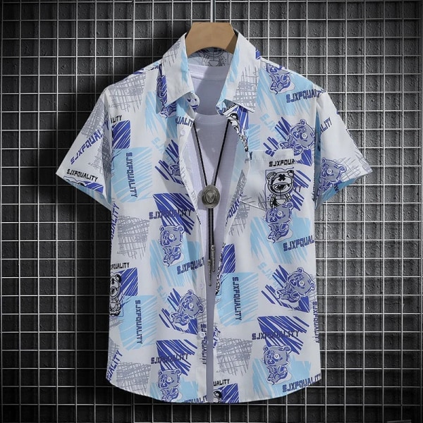 Snygg skjorta med printed , lös passform med korta ärmar för män och kvinnor - perfekt för casual strandlook C51 White L 50-60kg
