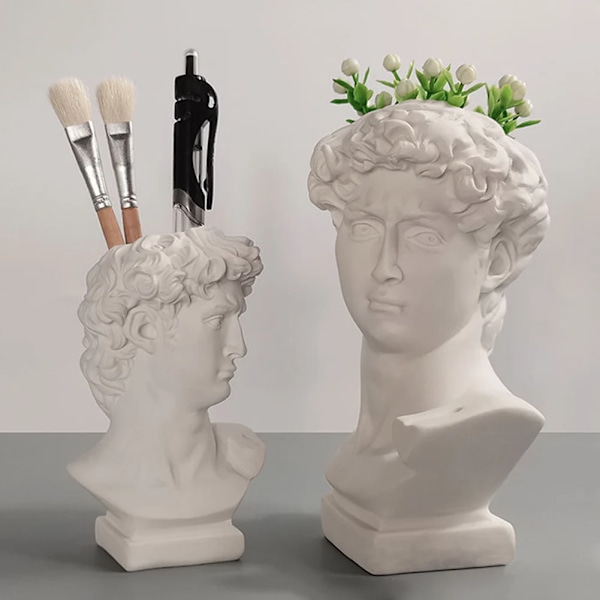 Creative Art Flower Pot Makeup Borste Lagring Pennahållare David Statue Resin Medici Vase Desktop Organizer Hem Inredning Ornament S