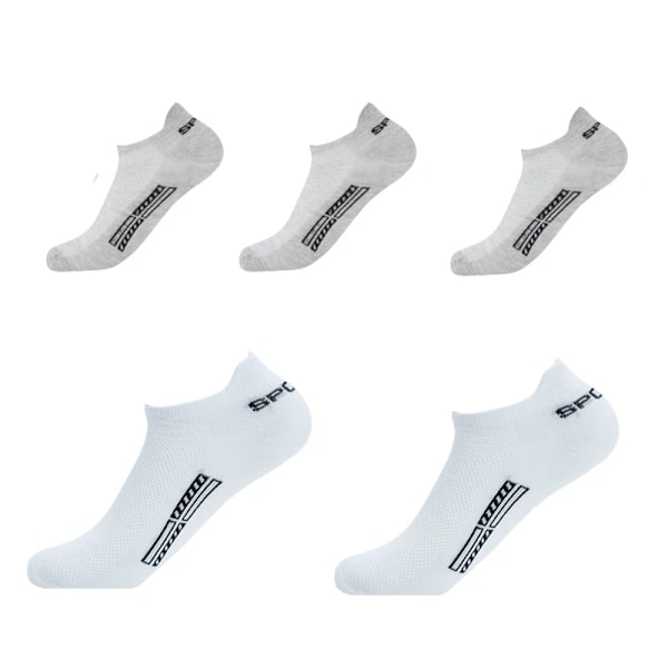 5 Par / Lot Hög Kvalitet Män Ankel Strumpor Andningsbart Bomull Sport Mesh Casual Atlet Sommar Tunn Cut Cut Short Sokken Socken Plus Storlek 3 gray 2 white EU 38-43