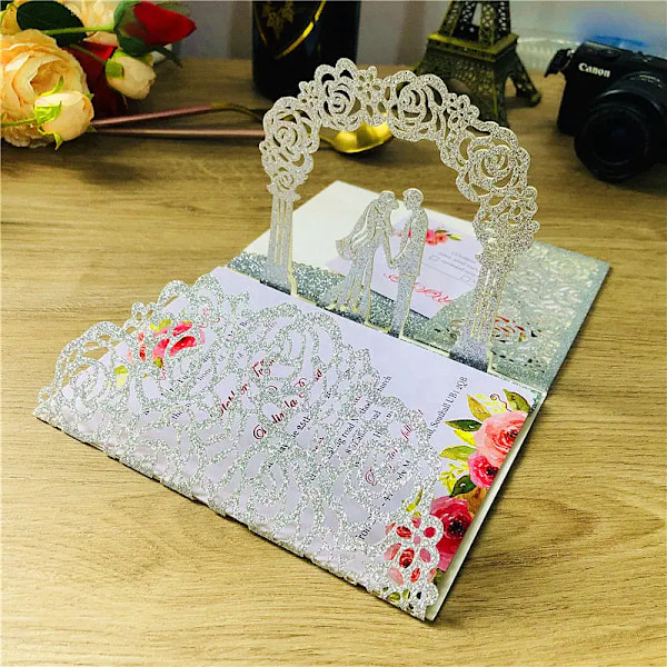 Gratis fragt 1x 3D POP UP Kort guld grå tri 3 Fold Lomme Bryllupsinvitation Kort Laser skåret Invitation Hilsenskort med konvolut A2 silver glitter laser cover only