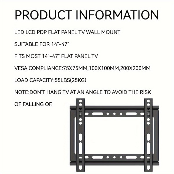 1st, Universal TV-väggfäste, TV-fäste, lågprofil för de flesta 14"-47" (14-47 tum) LED LCD OLED-TV och bildskärmar (25 kg)